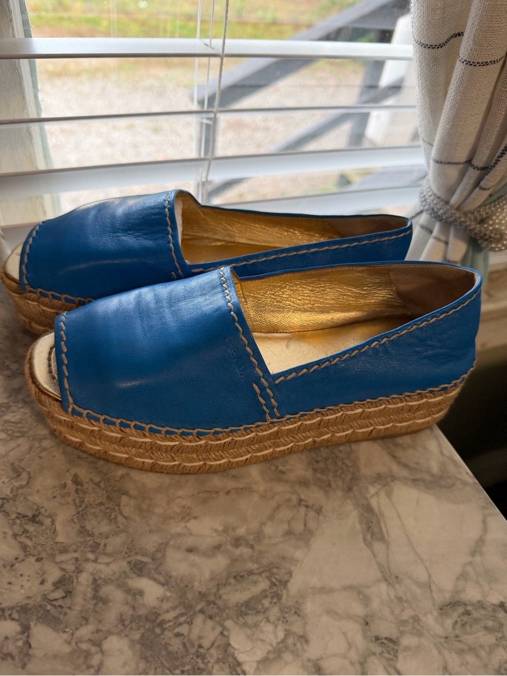 Prada Blue Leather Espadrille Platform Slip-On
